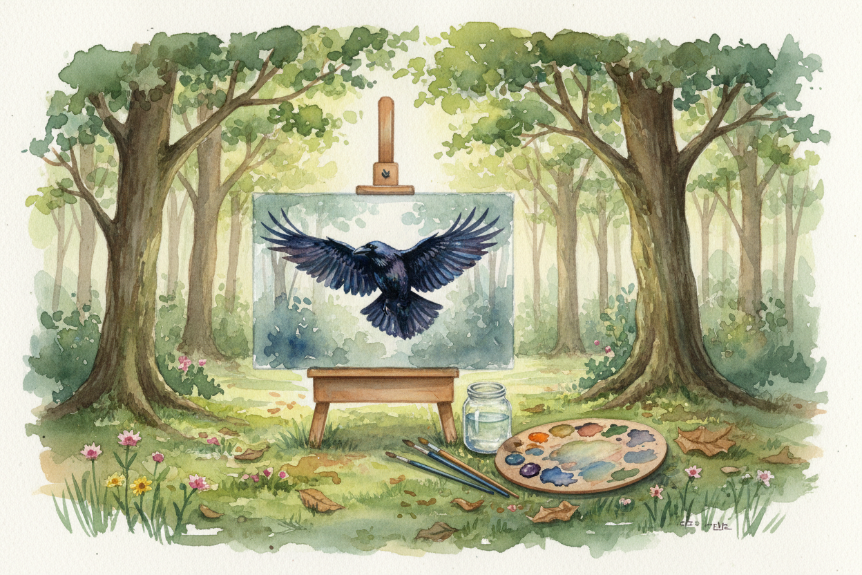 Raven, watercolor, forest, peaceful, easel